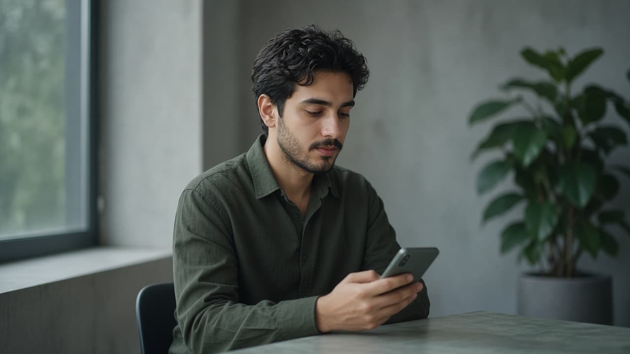بنیان‌گذار آرام در فضای کار با تلفن در دست