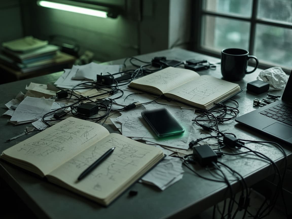میز کار شلوغ با کاغذ و کابل، نماد پراکندگی ابزارها